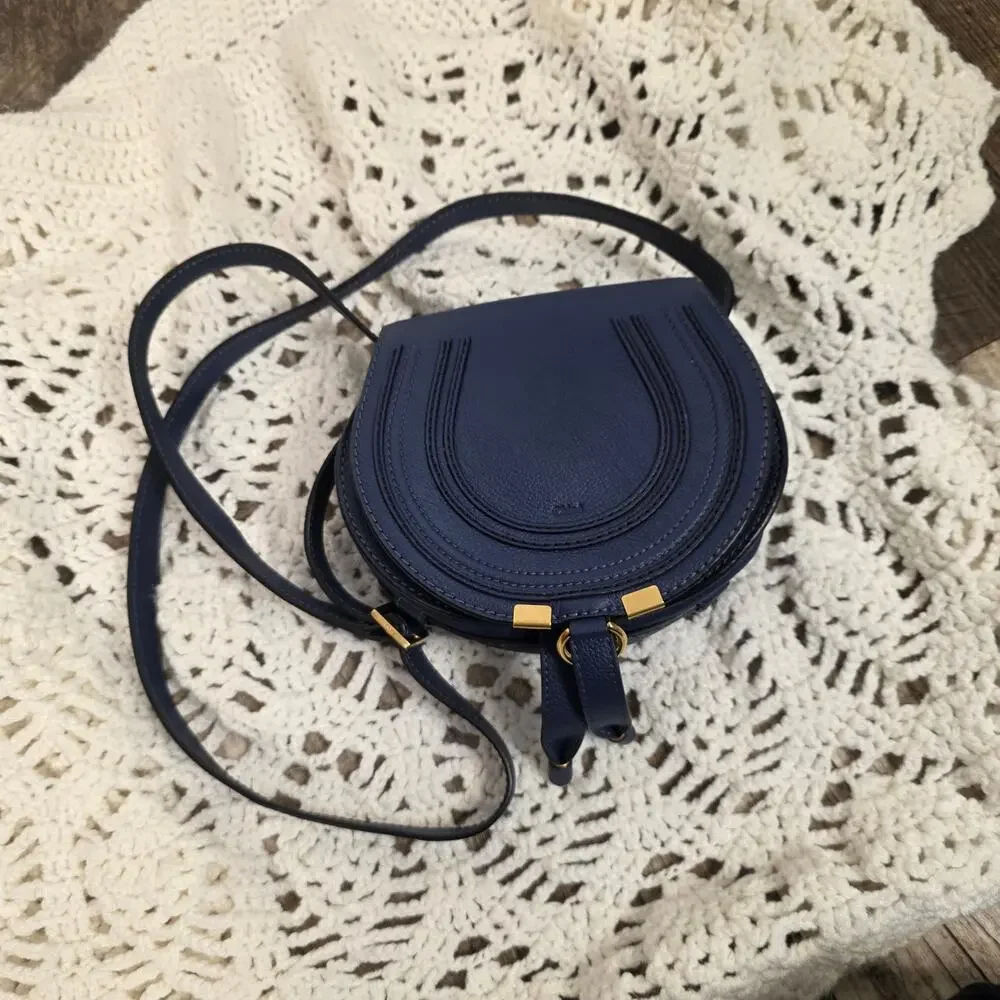 Chloé Marcie Small Saddle Crossbody Bag Navy Blue Grained Leather Gold Hardware